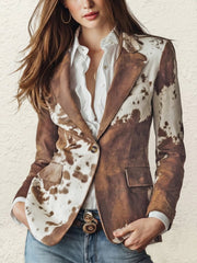 Buttoned Contrast Color Pockets Printed Split-Back Long Sleeves Notched Collar Outerwear Blazer