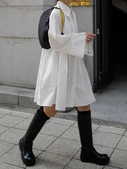Buttoned Pleated Solid Color Long Sleeves Lapel Shirt Dress Midi Dresses