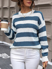 Contrast Color Striped Long Sleeves Loose Round-Neck Sweater Tops Pullovers