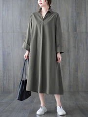Buttoned Solid Color A-Line Long Sleeves Lapel Shirt Dress Midi Dresses