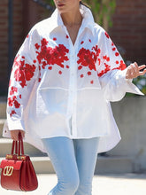 High-Low Loose Buttoned Flower Print Split-Joint Split-Side Lapel Blouses&Shirts Tops