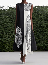 Loose Sleeveless Asymmetric Contrast Color Printed Round-Neck Maxi Dresses