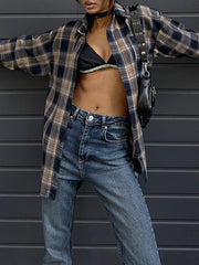 Plaid Split-Joint Long Sleeves Loose Lapel Blouses
