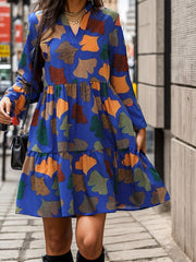 Leaves Print Pleated Split-Joint A-Line Flared Sleeves V-Neck Mini Dresses