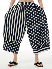 Contrast Color Elasticity Polka-Dot Split-Joint Striped Loose Wide Leg Pants Cropped Trousers