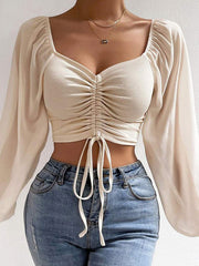 Drawstring Elasticity Solid Color Tied Long Sleeves Puff Sleeves Deep V-Neck T-Shirts Tops
