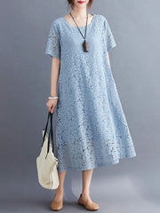 Embroidered Hollow Solid Dress