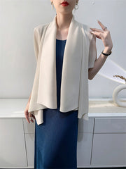 Pleated Solid Color Loose Short Sleeves Collarless Outerwear