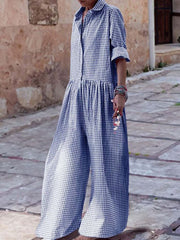 Buttoned Plaid Pleated Split-Joint Long Sleeves Loose Lapel Jumpsuits