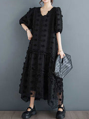 Elasticity Jacquard Solid Color Split-Joint A-Line Half Sleeves V-Neck Midi Dresses