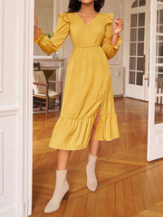 Backless Elasticity Ruffled Solid Color Split-Joint Split-Side Tied A-Line High Waisted V-Neck Midi Dresses