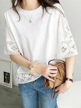 Hollow Solid Color Split-Joint Half Sleeves Loose Round-Neck T-Shirts