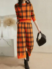 Contrast Color Plaid Pockets Wide Leg Pants