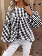Elasticity Hollow Plaid Split-Joint Loose Puff Sleeves Round-Neck Blouses&Shirts Tops