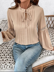 Pleated Solid Color Split-Joint Long Sleeves Loose V-Neck Blouses&Shirts Tops