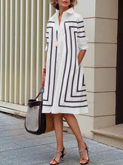Buttoned Striped Half Sleeves Loose Lapel Shirt Midi Dresses