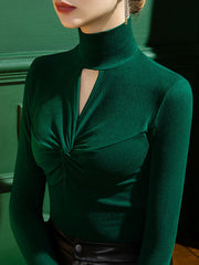 Hollow Solid Color Long Sleeves Plus Size High Neck T-Shirts