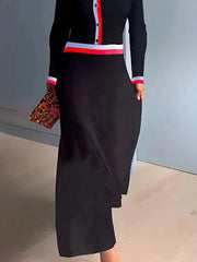 Buttoned Contrast Color A-Line Long Sleeves V-Neck Maxi Dresses