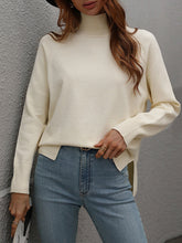 Solid Color Split-Side High-Low Long Sleeves High Neck Sweater Tops Pullovers