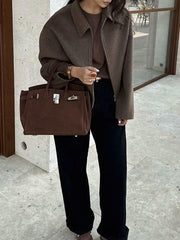 Solid Color Split-Joint Zipper Long Sleeves Loose Lapel Woolen Coat Outerwear