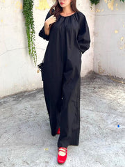Elasticity Pleated Pockets Solid Color Long Sleeves Loose Round-neck Jumpsuits