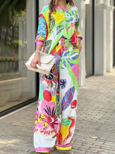 Contrast Color Printed Lapel Long Sleeves Buttoned Blouses Top+ High Waisted Pants Bottom Two Pieces Set