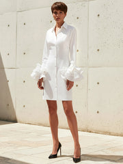 Flared Sleeves Long Sleeves Buttoned Solid Color Lapel Mini Dresses