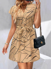 Printed Tied Waist A-Line Loose V-Neck Mini Dresses