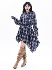 Elasticity Plaid High-Low Irregularity Lapel Collar Midi Dresses