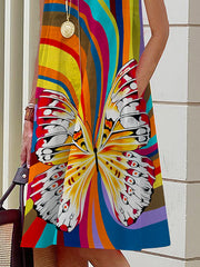 Butterfly Print Contrast Color Pockets A-line Loose Lapel Midi Dresses