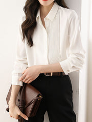 Buttoned Pleated Solid Color Long Sleeves Loose Lapel Blouses&Shirts Tops