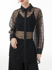 Lacy See-Through Solid Color Long Sleeves Loose Lapel Blouses&shirts Tops