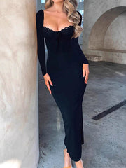 Bow-Embellished Solid Color Split-Joint Tied Bodycon High Waisted Square-Neck Maxi Dresses