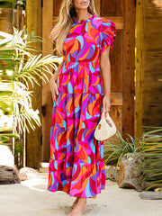 Pleated Printed Split-Joint A-Line High Waisted Round-Neck Maxi Dresses