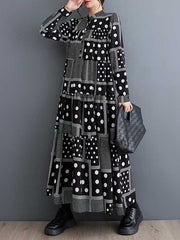 Buttoned Polka-Dot Printed Split-Joint Long Sleeves Loose Midi Dresses