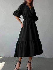 Elasticity Pleated Solid Color A-Line Half Sleeves V-Neck Midi Dresses