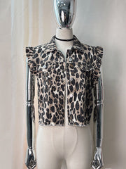 Buttoned Leopard Pleated Pockets Ruffled Split-Joint Loose Ruffle Sleeves Lapel Vest Outerwear