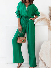Lapel Long Sleeves Buttoned Pockets Solid Color Shirts Top + Elasticity High Waisted Pants Bottom Two Pieces Set