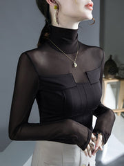 See-Through Solid Color Split-Joint Long Sleeves Skinny High Neck Blouses&Shirts Tops