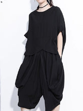 Loose Solid Color Round-Neck Short Sleeves Tops+ Elasticity Pleated Cropped Pants Two Pieces Set