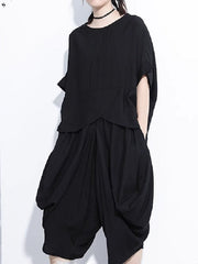 Loose Solid Color Round-Neck Short Sleeves Tops+ Elasticity Pleated Cropped Pants Two Pieces Set