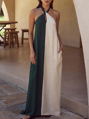 Contrast Color Loose Sleeveless Halter-Neck Maxi Dresses
