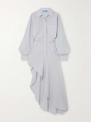 Asymmetric Striped Long Sleeves Lapel Collar Midi Dresses