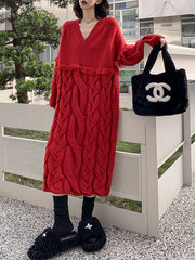 Solid Color Split-Joint Tasseled Long Sleeves Loose V-neck Sweater Dresses Midi Dresses