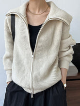 Solid Color Zipper Long Sleeves Loose Lapel Cardigan Tops