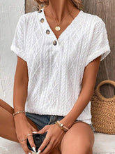 Buttoned Solid Color Loose Short Sleeves V-Neck T-Shirts Tops