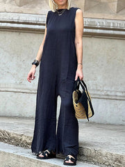 Solid Color Loose Sleeveless Round-Neck Jumpsuits