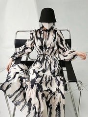 Elasticity Hollow Printed Split-Joint Tied Long Sleeves Loose Mock Neck Midi Dresses