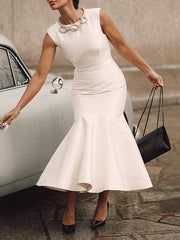 Pleated Solid Color Zipper Bodycon Mermaid Round-Neck Midi Dresses
