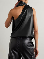 Asymmetric Solid Color Sleeveless High Neck Vest Top